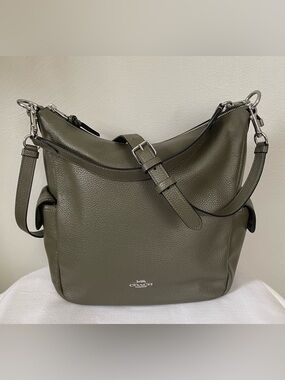 EUC $498 Coach Pennie Olive Green Pebbled Leather Shoulder Crossbody Hobo Bag